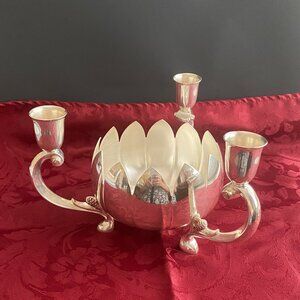Vintage 60-70s Silverplate Lotus Flower Bowl, 3 Candle Holder, Reed & Barton#333